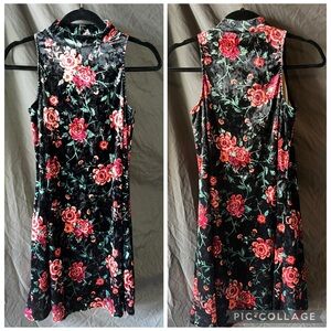 Mudd Black Womens Small Velvet Floral Sleeveless Mock Neck A-line Dress Y2K